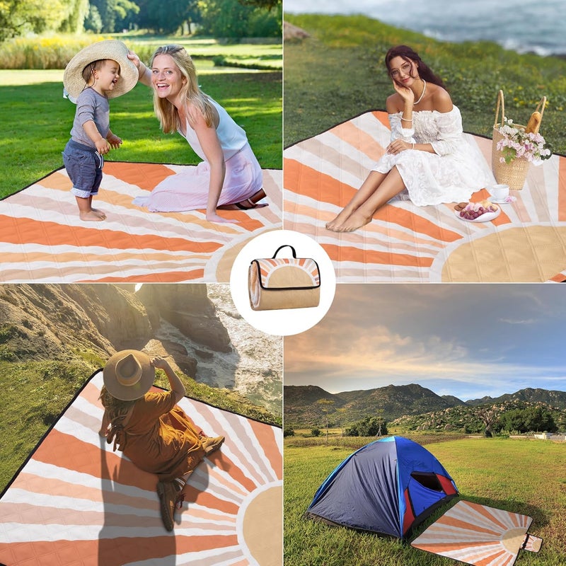 BEW Picnic Blankets Waterproof,79''x79'' Extra Large Foldable Sandproof Beach Blanket,Portable 3-Layer Polyester Outdoor Picnic Blanket for Grass Lawn,Beach,Family Camping,Park,Travel-Starburst Orange - Image 4